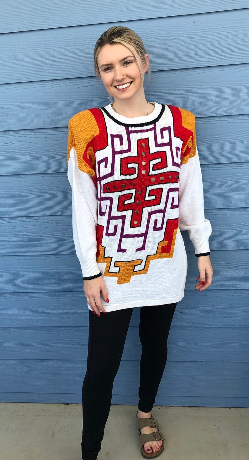oversized sweater Vintage 1980/'s Oleg Cassini Oversized Aztec Southwest Print White Sweater Size S Aztec Sweater Oleg Cassini sweater