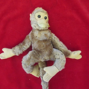 Antique Character toy Brown Mohair Monkey  with Black Plastic Eyes, 11&quot; Tall; mohair and felt monkey, child&#39;s stuffed monkey