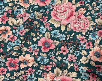 Vintage Forest Green Floral Cotton Fabric, Peach Roses, 45" W BTY