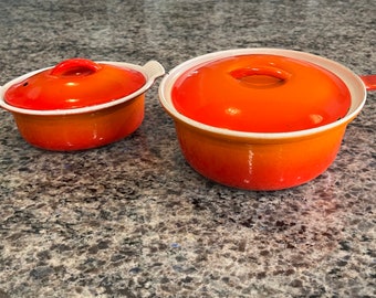 Vintage Flame Orange Descoware Lot ~ Descoware Pan with Lid  FE 89-A 18 and Oval Covered Small Casserole FE 14~ vintage bakeware