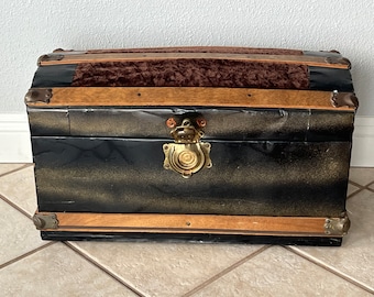 Antique metal & wood Slate Domed Small steamer immigrant trunk with Shelf inside and Brown Velvet Top- 25” w x 13” d x 16” h- pirate chest