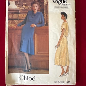 1990s Vogue Sewing Pattern 1503 CHLOE Misses Loose Fitting and Flared Dress w Princess Seams 2 Sleeves, Size 14 Cut; misses designer dress,