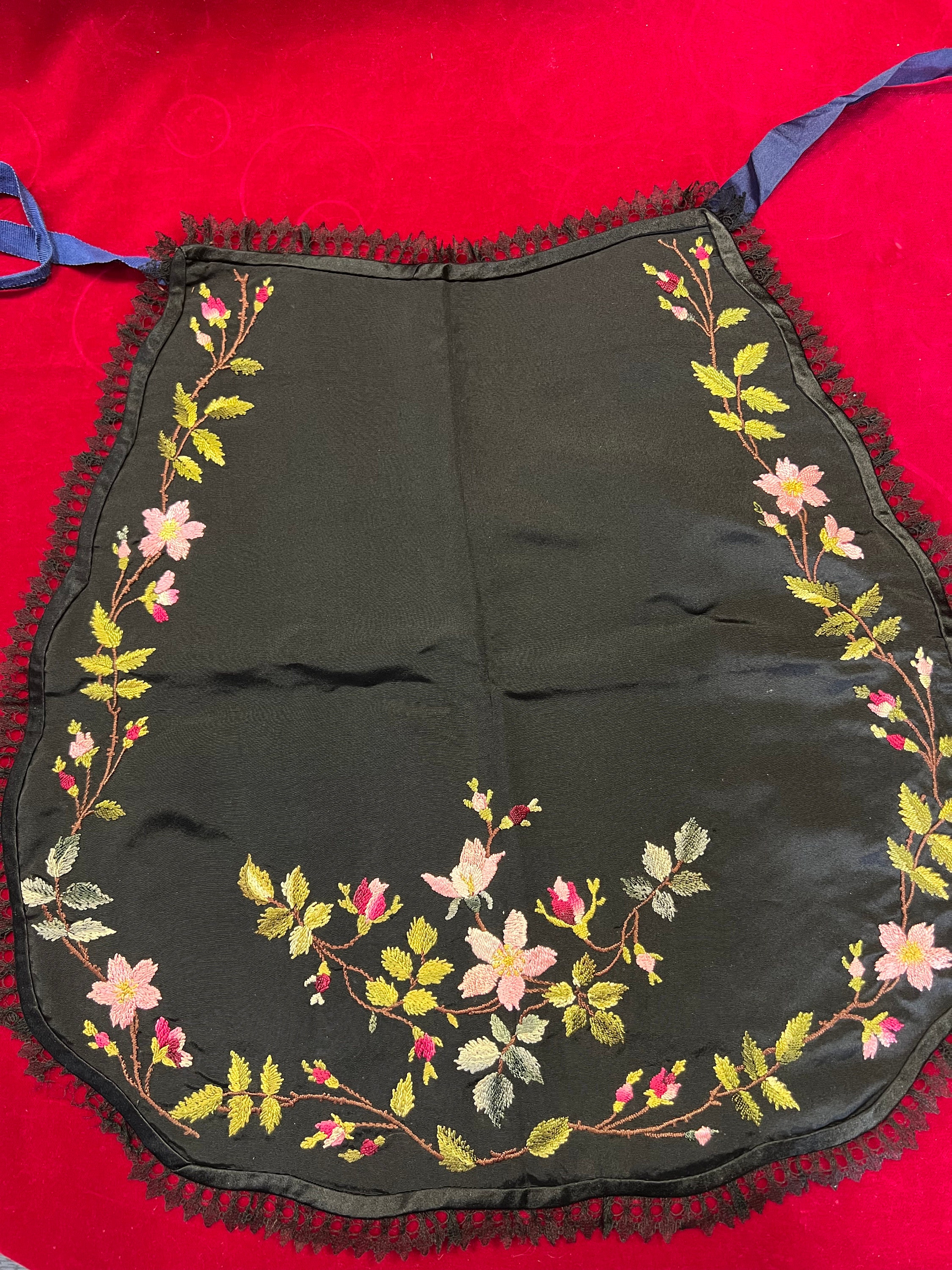 Victorian Black Satin Mourning Half Apron Floral Embroidered