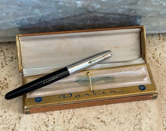 Vintage 50’s Boxed Parker 51 Black Aeromatic Fountain Pen Gold Filled Cap with Double Rhinestone Cap in Blue - Parker fountain pen