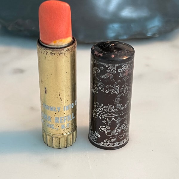 RARE Vintage 1960’s REVLON Lustrous Refillable Lipstick Pussycat Pink in Black Filigree Metal & Plastic Tube~  Revlon lustrous lipstick