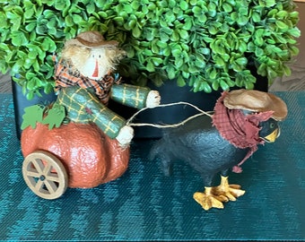 Vintage Black Crow Pulling Pumpkin and Scarecrow Halloween Figurine Decor~ Halloween decor, Halloween  figurine, scarecrow figurine