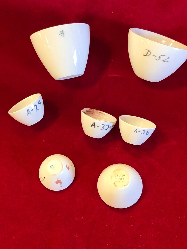 AntiqueVintage Lot of 7 White Porcelain Science Lab Crucibles Filters by Coors Pottery and SCP Japan science lab dish chemistry crucible