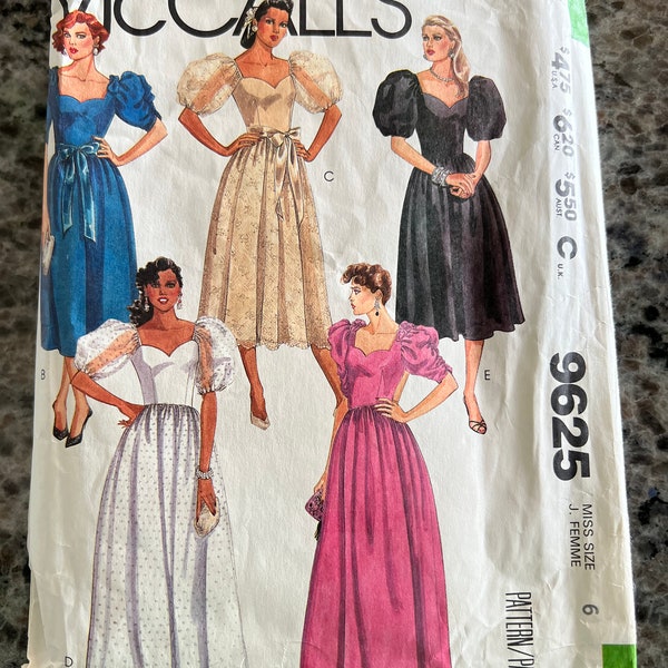 1985 McCalls Sewing Pattern 9625 Misses Tea Length or Long Prom Evening Dress Full Sleeve Size 6 cut -prom dress pattern, 1980s formal
