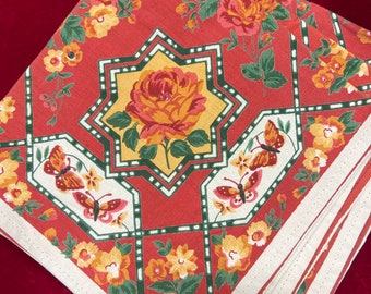 1993 April Cornell Red and Green Floral Set of 12 Table Napkins with Butterflies Called Bhutan-April Cornell table napkins
