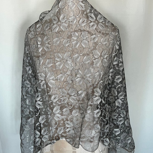 Vintage Silver & Black Netted Lace Mantilla Church Scarf Evening Scarf 22" x 44" with Scalloped Hem- silver shawl scarf, evening lace scarf