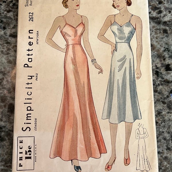 SUPER RARE 1930's Simplicity Sewing Pattern 2612 Misses Short or Long Slip Slip o Slip Dress Size 16 Uncut- 1930's slip Pattern, 30s slip dress