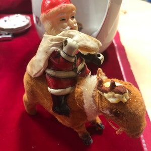 Vintage 1950's Frankonia Tin Santa on Faux Mohair Reindeer Wind Up Toy Made In Japan- wind up toy, Santa wind up toy,Santa statue, Santa toy