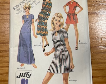 1970 Simplicity Sewing Pattern 8722 Misses Jiffy Shift Summer Mini Dress or Long Dress  Size 8 cut- summer dress