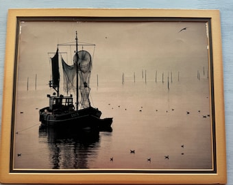 Antique Photograph Fishing Boat with Hanging Nets 13” x 10” no Frame- fisherman photograph, fishing net photograph, sepia photo