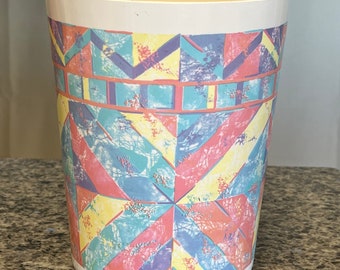 RARE 90’s Round Plastic Pastel Abstract Geometric Print Trash Can Trashcan 8 1/4" w x 10"- bedroom trashcan, bathroom trash can, trashcan