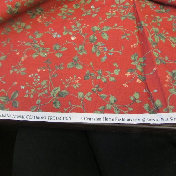 Vintage CRANSTON PRINT Works Brick Red and Olive Green Floral with Leaves Medium Weight Cotton Fabric, 46"W X BTY; pillow fabric