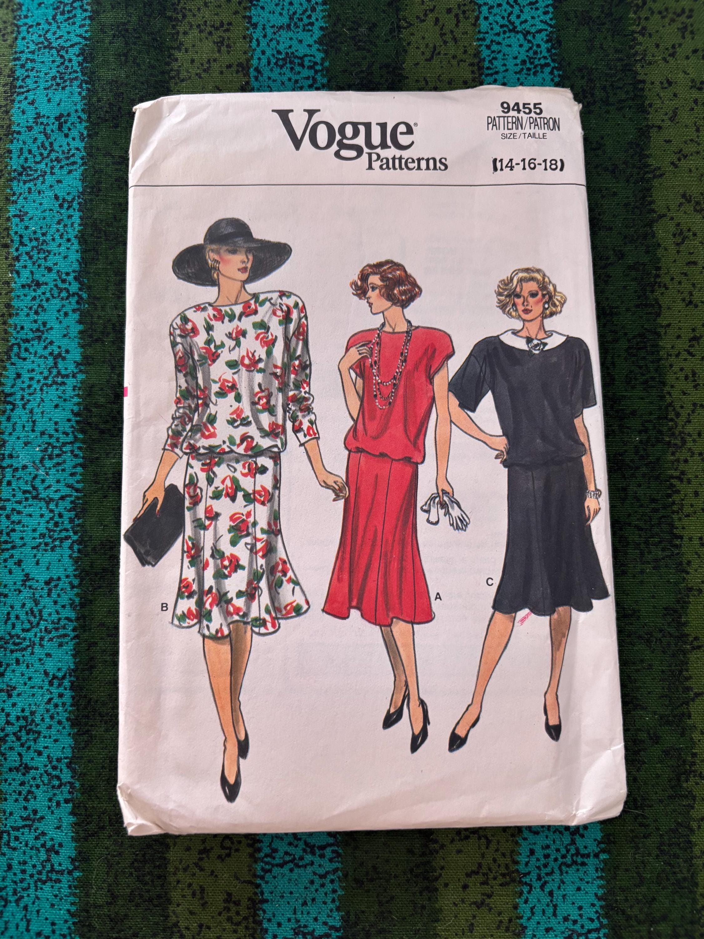 1985 Vogue 9455 Dress Dropped Waist With Gored Skirt Size 14-18