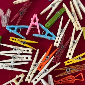 Vintage Lot of 38 Colorful Plastic Clothespins - vintage laundry room, plastic clothespin, clothespins, plastic hangers