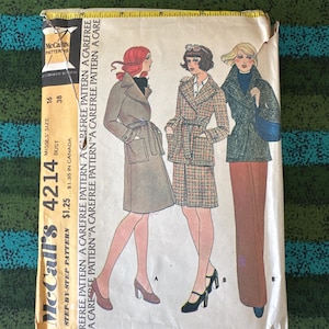 May include: Vintage McCall's 4214 sewing pattern featuring illustrations of women's fashion designs. The pattern includes a coat, skirt, and pantsuit. The package is yellowed with age and has a measuring tape edge.