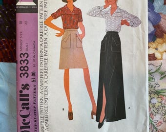 1973 McCall's 3833 Sewing Pattern RARE Misses Skirt w Patch Pockets 2 Lengths, Size 18 & Blouse 2 Sleeve Lengths Cut~ 1970s skirt