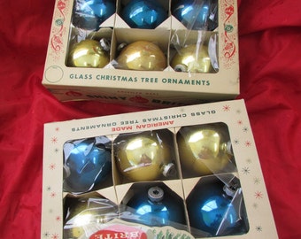 12 Vintage Shiny Brite Blue and Gold Mercury Glass 3 1/2" Christmas Ornaments in Original Boxes; Some Discoloration, Shiny Brite ornaments