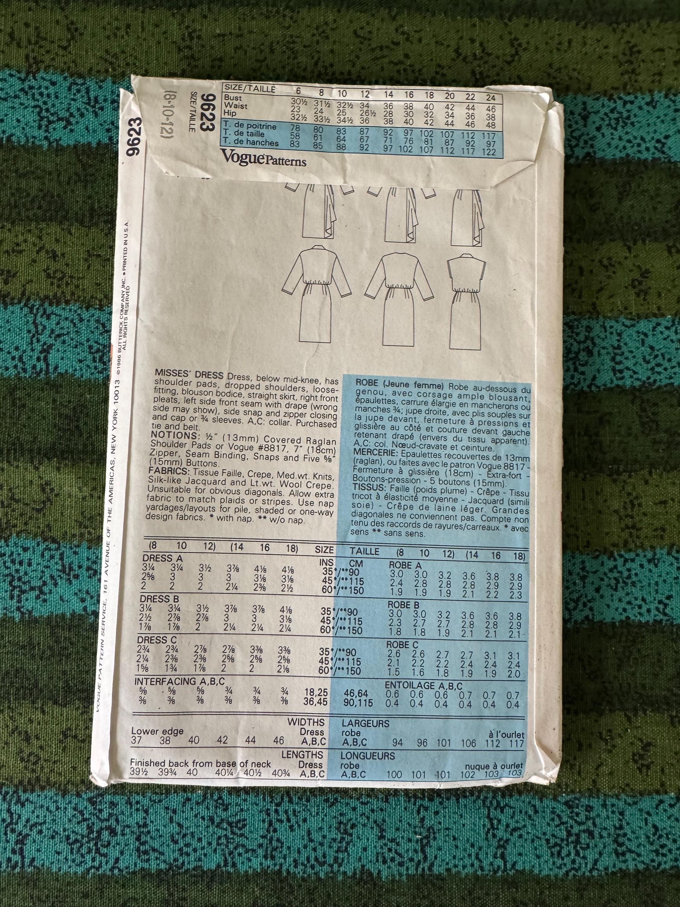 1986 Vogue 9623 Sewing Pattern Misses Half Button Front Dress Raglan ...