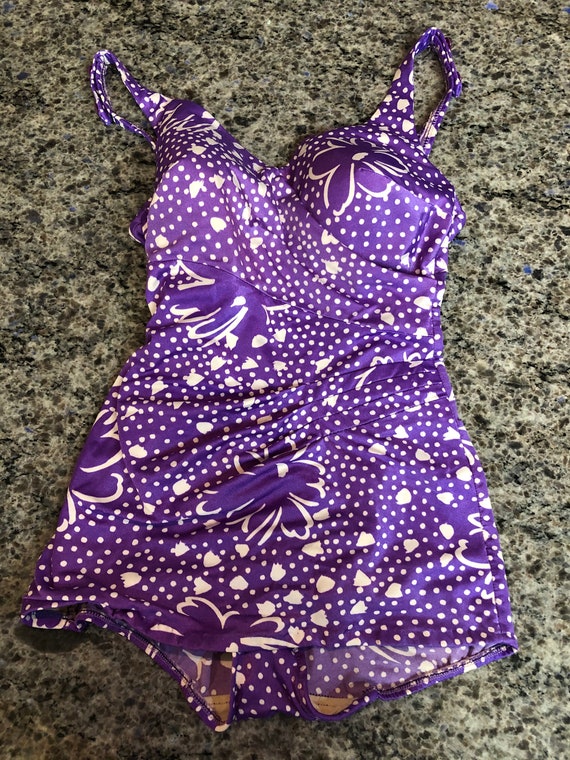 Roxanne swimsuit 196070/'s Roxanne Purple Floral Pin Up Rockabilly One Piece Swimsuit with Molded Cup Size 16 Bust 38B with Union Label