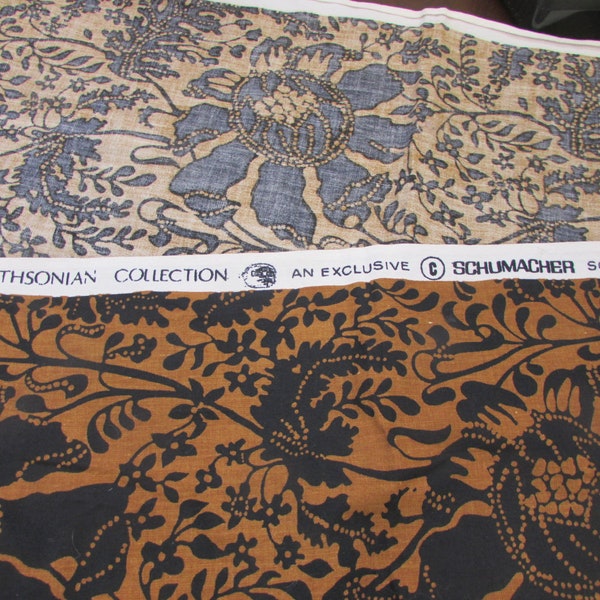 Vintage Smithsonian Collection SCHUMACHER Medium Weight Blue and Dark Gold Cotton Fabric; 53"W X 28"L; medium weight fabric, designer fabric