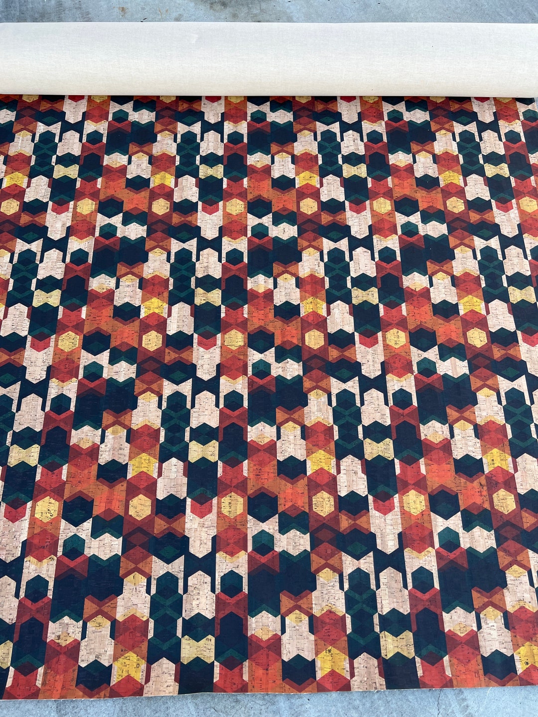 Natural Cork Fabric Geometric Pattern in Dark Green, Burnt Orange and ...