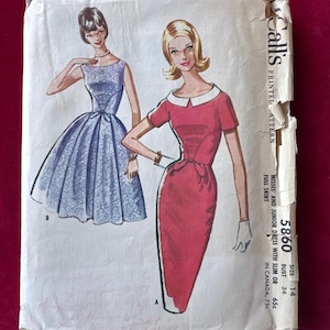 RARE 1961 Mccall&#39;s Sewing Pattern 5860 Misses Sheath Dress Bow Waist with Slim Fitting or Full Circle Pleated Skirt Size 14 cut