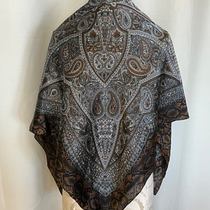 Echo Black and Brown Paisley Large Polyester Scarf 42” Square- winter scarf, Echo paisley scarf