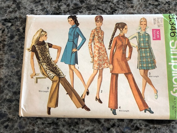 1969 Simplicity Sewing Pattern 8346 Misses Sheath Dress Tunic Dress With  Overdress Jerkin and Pants Size 12 Cut 1960s Sheath Dress 
