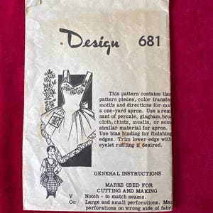 May include: Vintage sewing pattern titled "Design 681." The pattern features a line drawing of a dress and apron, with instructions for making a one-yard apron. The text includes general instructions and cutting/making marks.