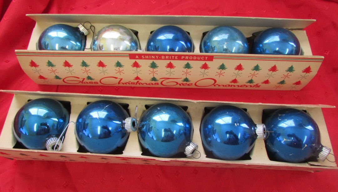 102 1/4 Vintage Mercury Glass Blue SHINY BRITE Christmas Ornaments in
