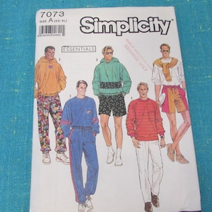 1990 Simplicity Sewing Pattern 7073 Mens or Teens Pull On Jogging Pants or Shorts, Pullover Top with or without Hood Size XS-XL Uncut