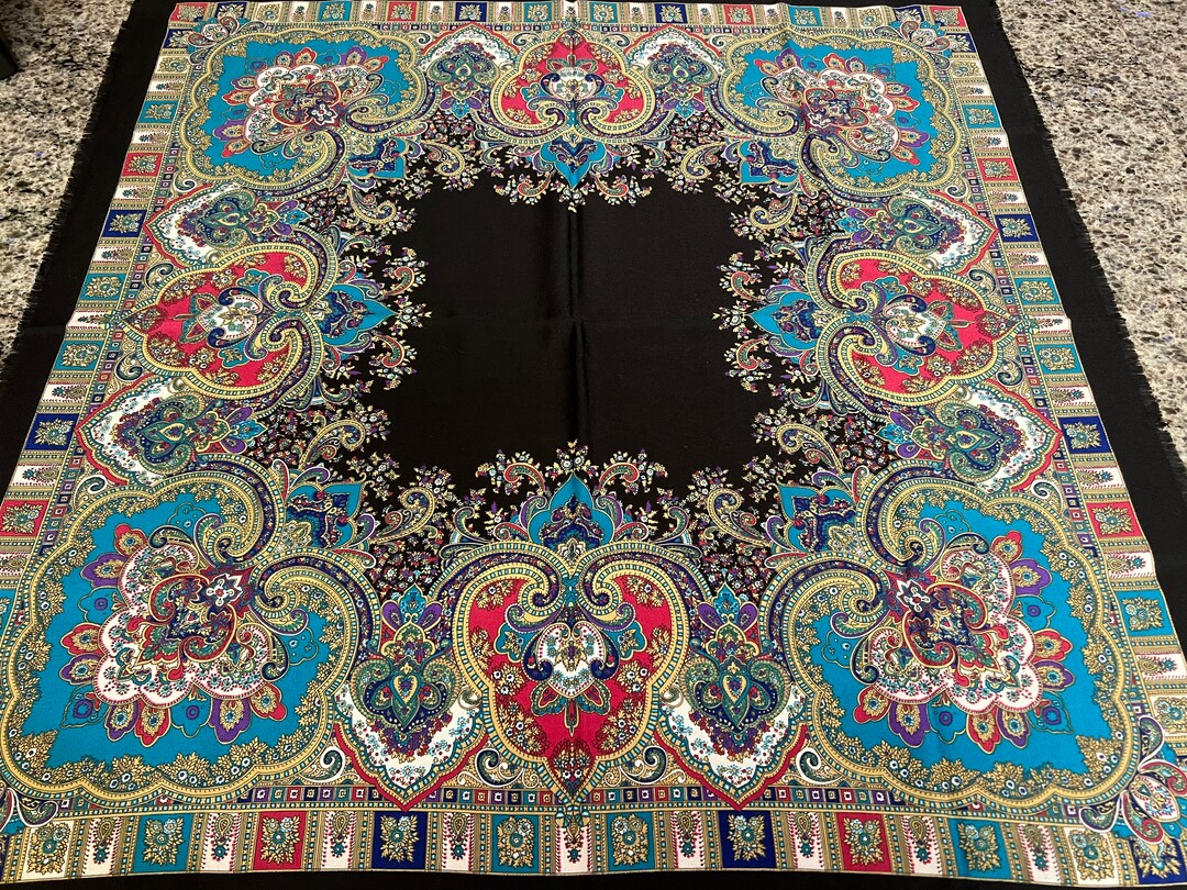 Vintage Black With Blue Paisley Wool Scarf or Shawl 34 Square Wool ...