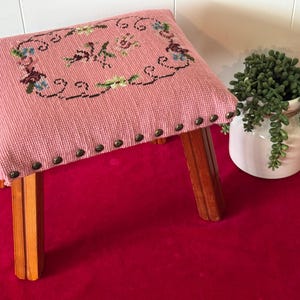 Vintage Pink Wool Floral Needlepoint Wood Footstool Foot Rest Ottoman-vintage footstool, needlepoint foot rest, needlepoint ottoman