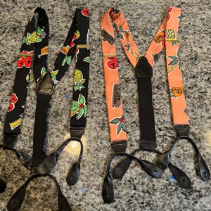 U CHOOSE- CAS Germany Silk Print suspenders with Cocktails & Montego Bay Signs Black or Peach-  Jamaican suspenders, party suspenders