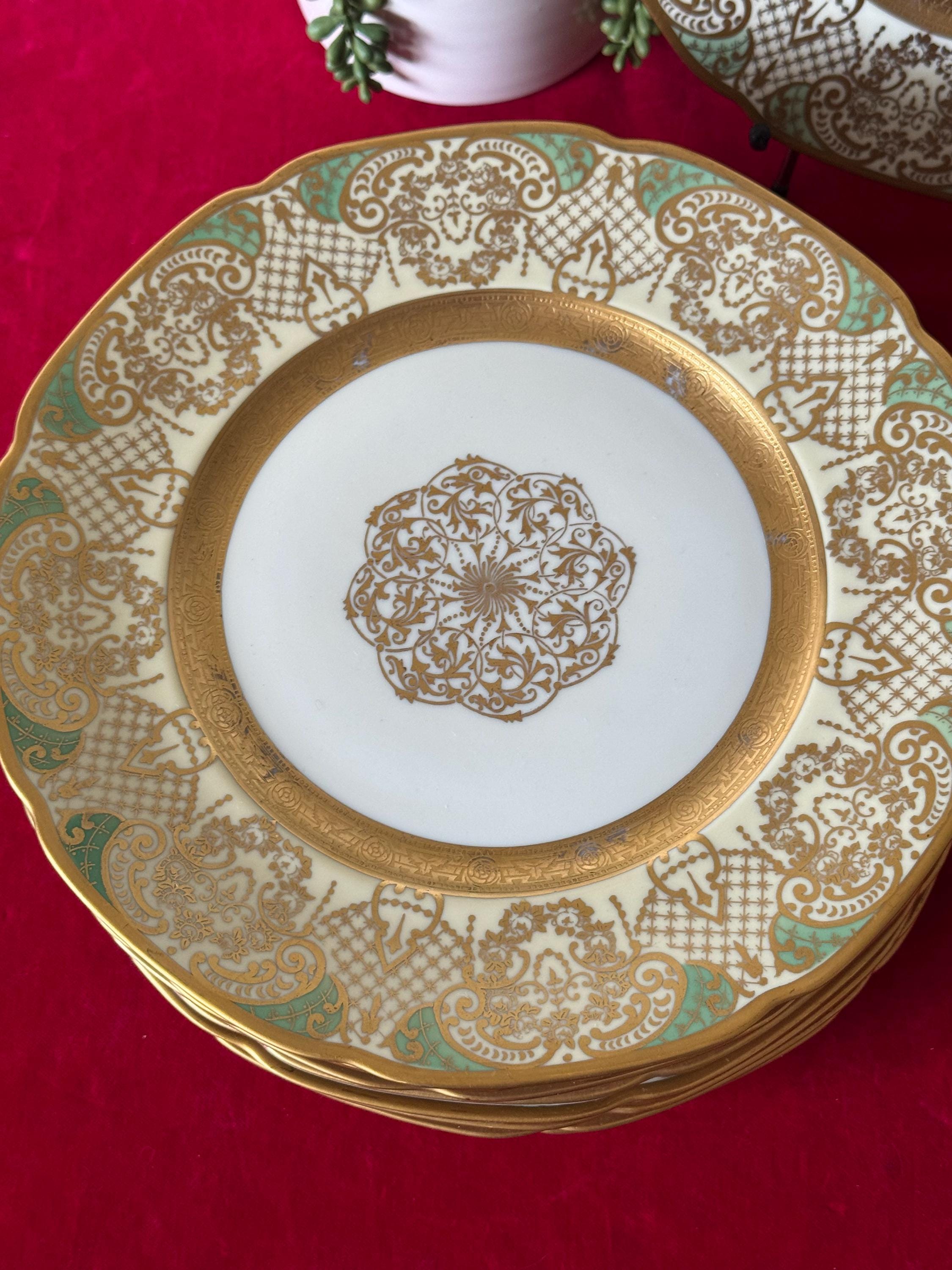 HUTSCHENREUTHER MIDI DINNER PLATE 5枚セット Antique Hutschenreuther Gold Encrusted Dinner Plates With Green