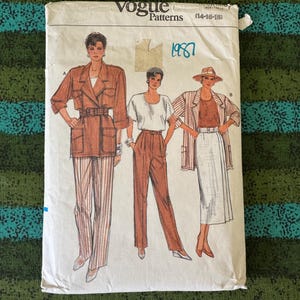 May include: Vintage Vogue Patterns envelope featuring illustrations of three women in 1980s fashion. The envelope is off-white with the Vogue logo and the year 1987 printed on it. The women are wearing blazers, pants, and skirts.