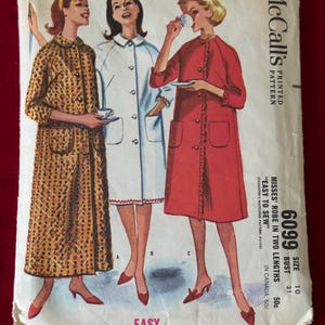 1950&#39;s Mccalls Sewing Pattern 6099 Misses Button Front Short or Long Robe or Coat Lounge Robe Size 10 Uncut - 1950s housecoat, robe pattern
