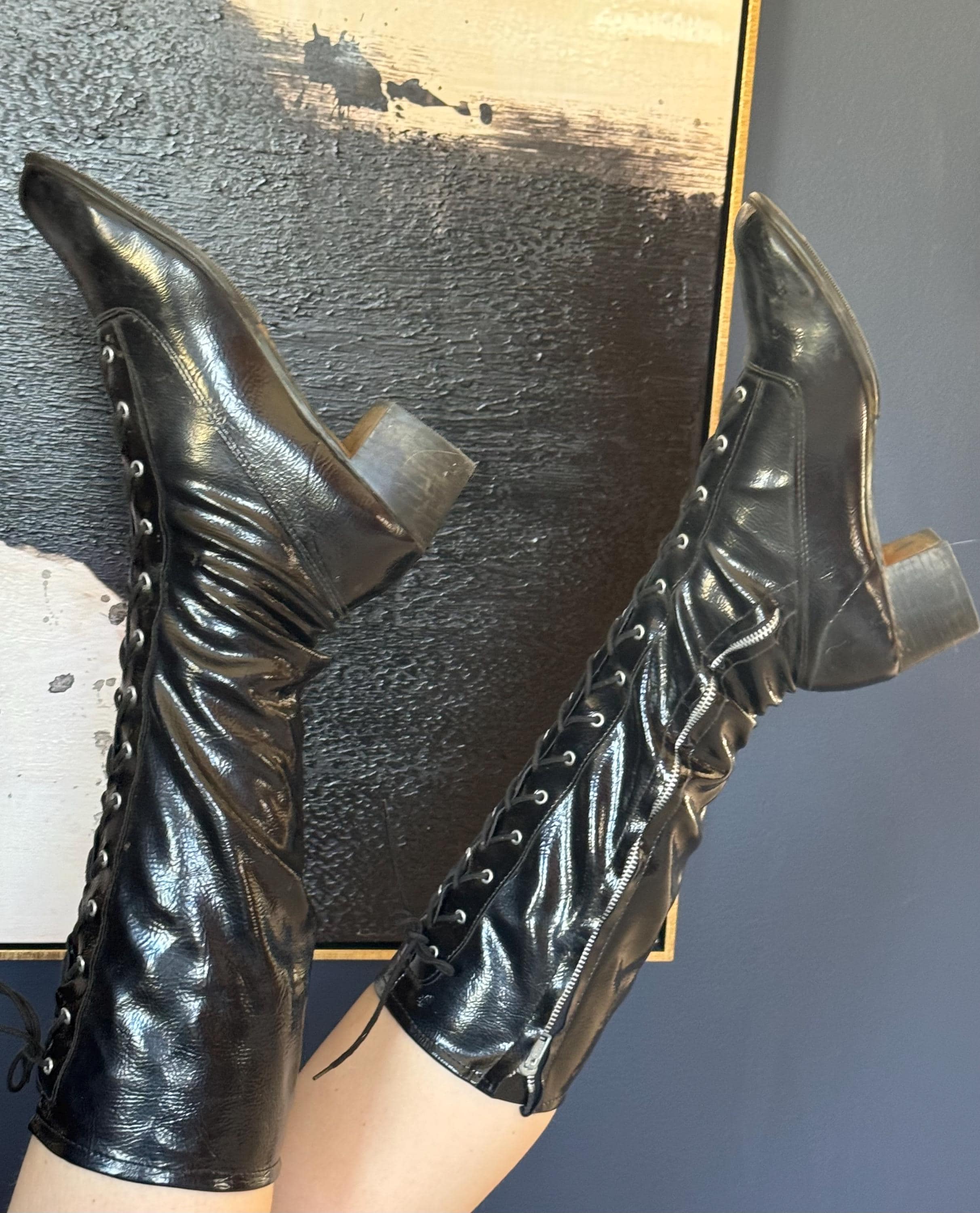 靴 vintage lace square toe leather boots Vintage 90s 2000s chunky square toe high heel lace up boots