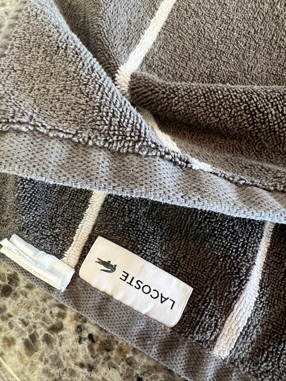 Lacoste Gray With White Stripes Terry Bath Towel With Alligator