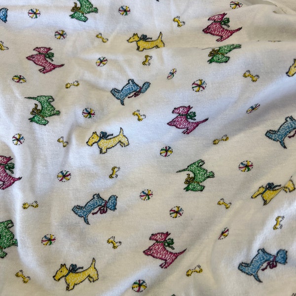 RARE Vintage Stretch Knit Cotton White with Pastel Scotty Dogs Fabric 55” w x 23” Long; fabric with puppy print, dog lover fabric