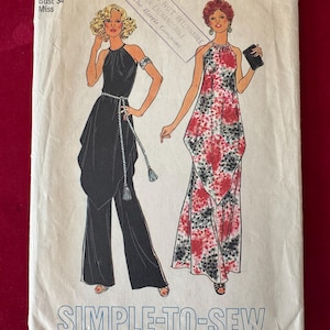 1975 Simplicity 7270 Misses Long Halter Dress Pointed Hem, Skirt and Wide Leg Pants size 12 Uncut - 1970s handkerchief hem tunic