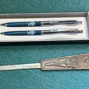 RARE 1970’s Lot of NIB Sante Fe Railroad Paper Mate Pen and Pencil set Made in Mexico and Sante Fe Railroad Pewter Letter Opener-  Santa Fe