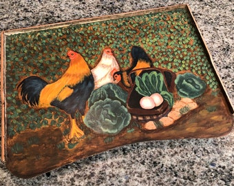 Vintage Hand Painted Roosters Chickens Farm Scene Folding Wood Lap Tray by General The Golden Rule Line- laptop tray, Artists easel,