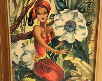 RARE 1950's Framed Original Watercolor "Maid of South Seas" by Yong Imported by Eastern Art Products Chicago IL-Polynesian art, South Seas