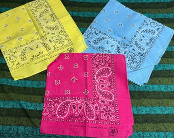 Vintage Wamcraft Paisley Cotton Square Bandana Scarf 21" Yellow, Fuschia, Sky Blue- unisex bandana U CHOOSE