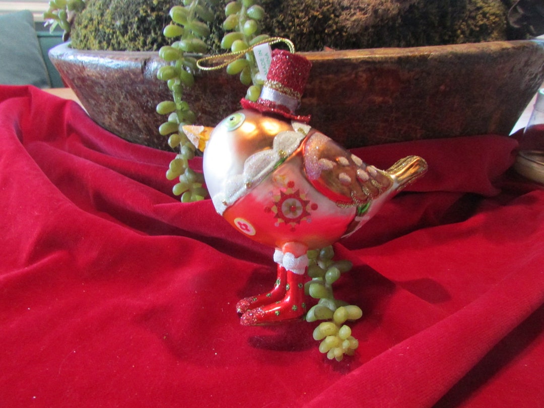 Vintage Glass Bird With Top Hat Christmas Ornament, 5t X 4w Glass